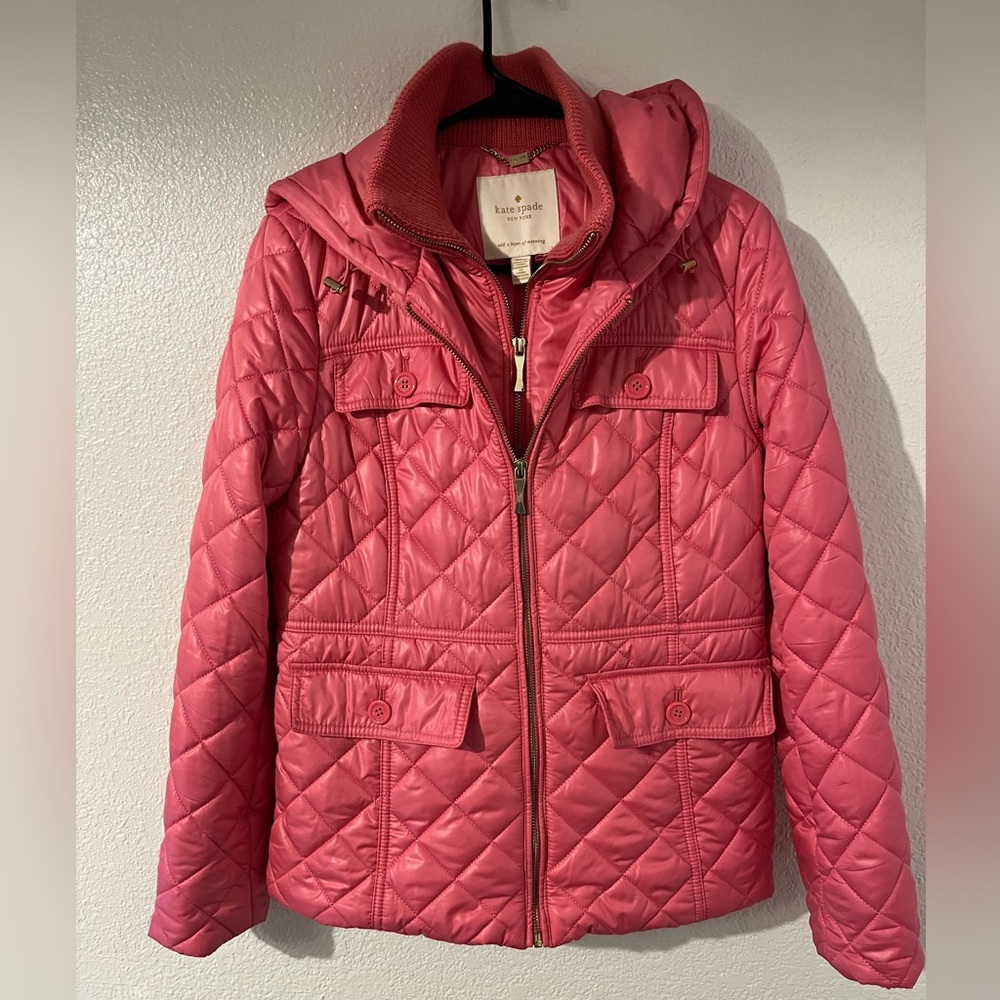 Kate Spade Barbiecore Bright Pink Satin Quilted puffer Winter Coat High neck Bow